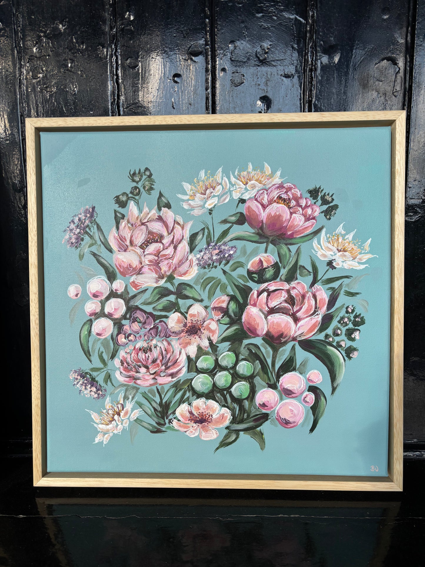 Soft pastel country florals on a light blue/green canvas in pine floater frame. Hitchin Letchworth hertfordshire original affordable artwork