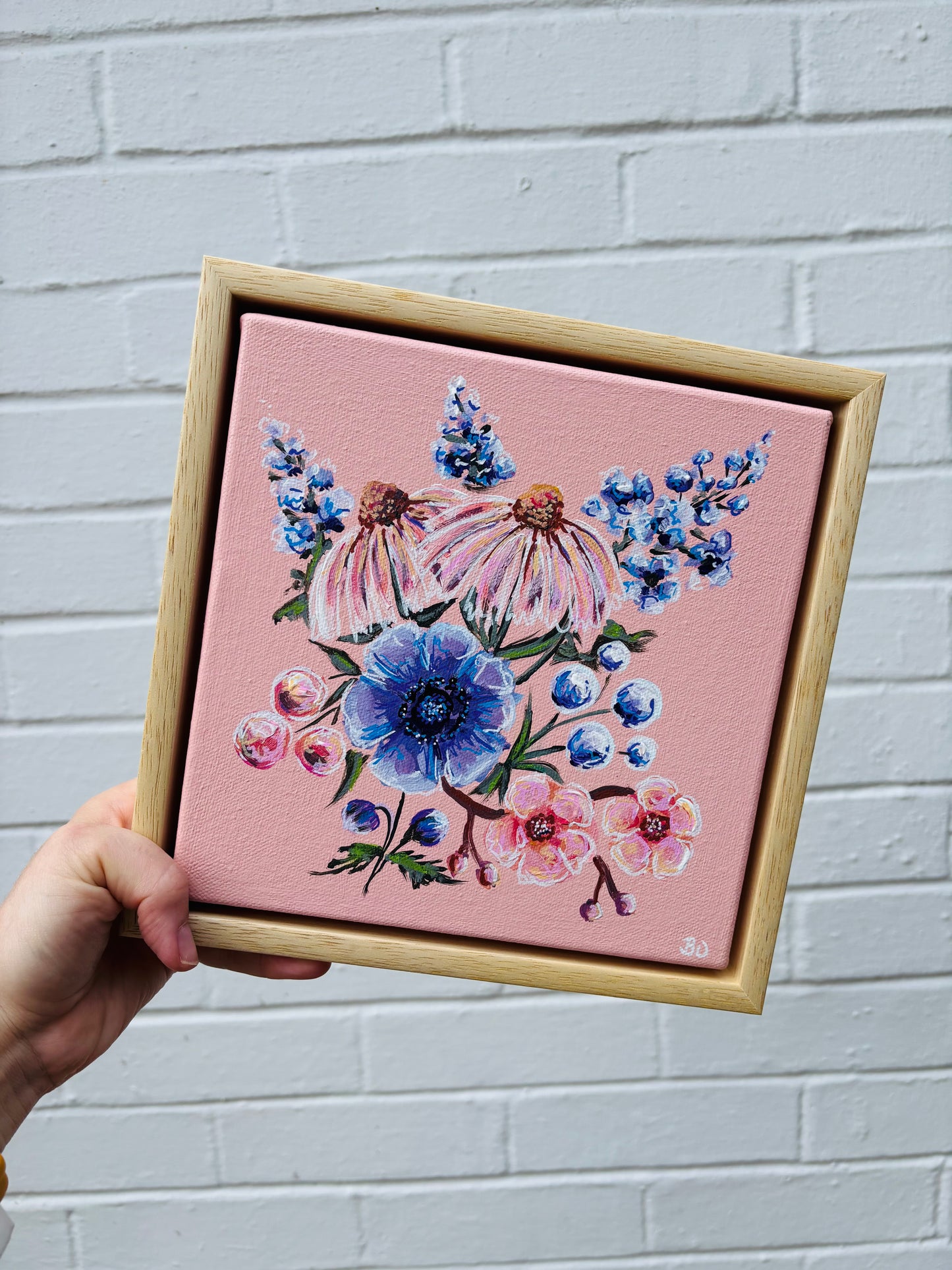 Echinacea, anenomes and delphiniums on a soft peach min canvas with pine floater frame. Hitchin letchworth hertfordshire original affordable artwork