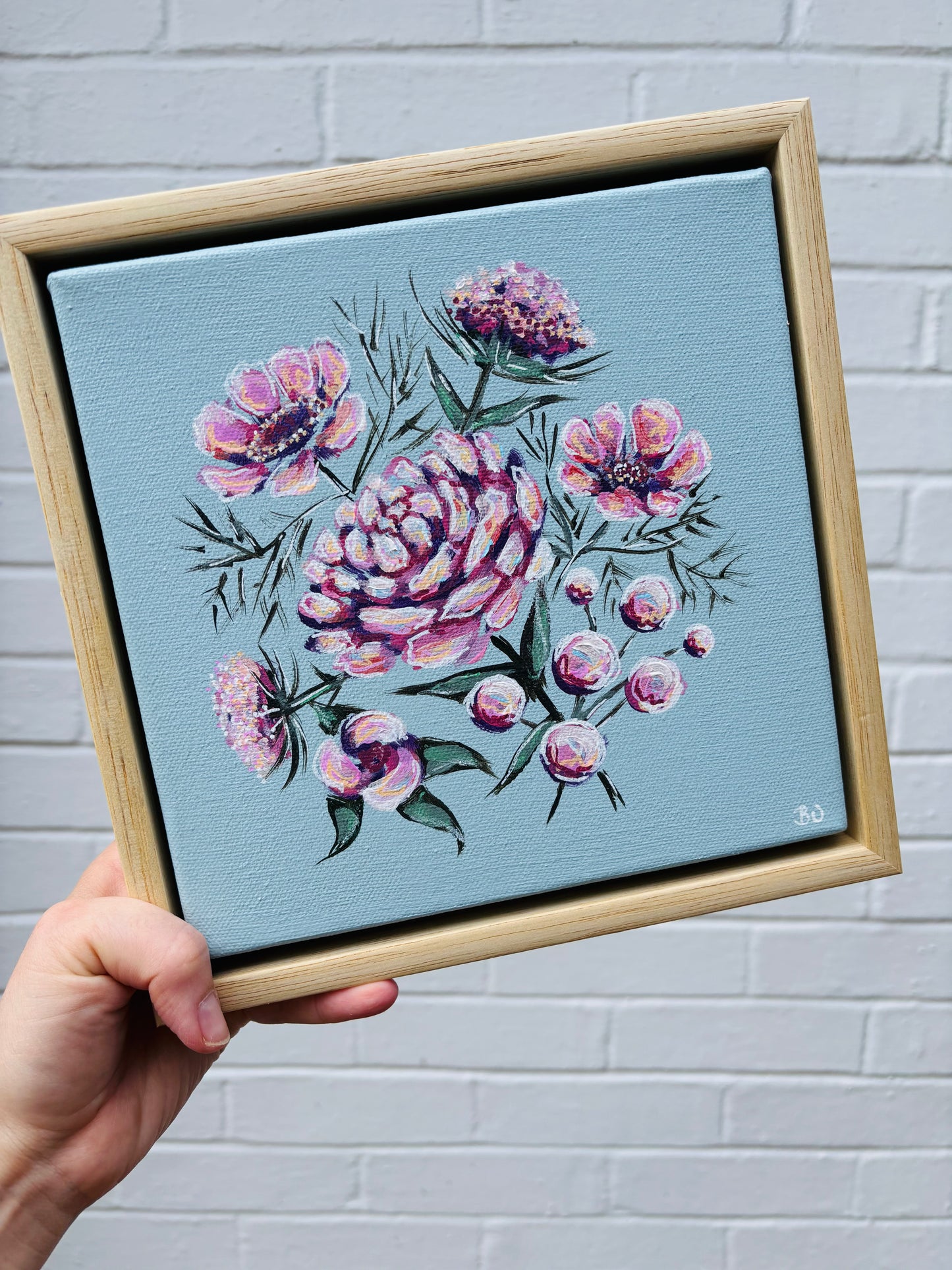 Soft light blue mini canvas with pink florals in contemporary style. Hitchin Letchworth Hertfordshire original affordable artwork.