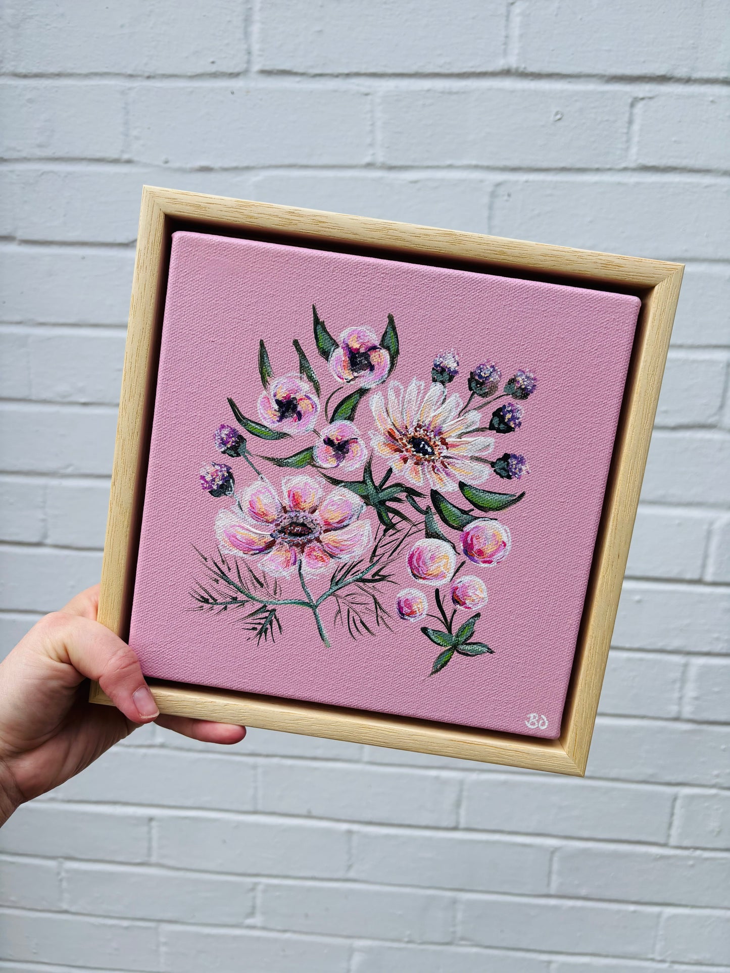 Country flowers on soft pink canvas mini with pine floater frame. Affordable original art. Hitchin Letchworth Hertfordshire