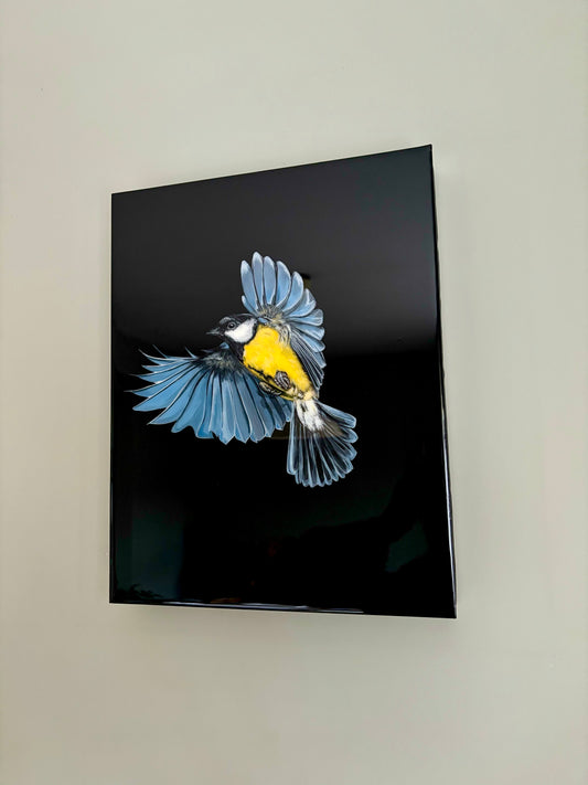 photo just off centre front view of resin art of great tit