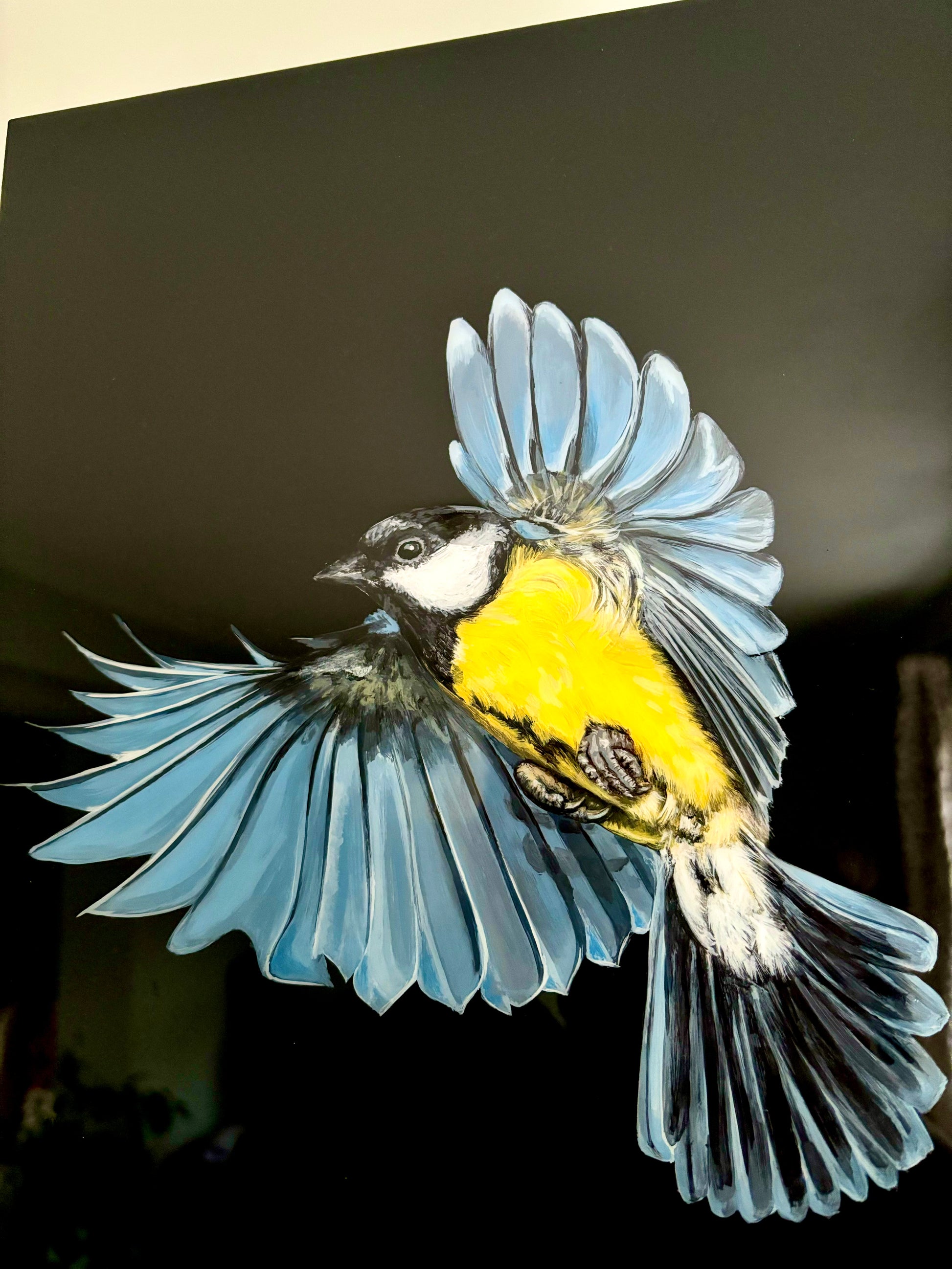 close up view of resin art of great tit
