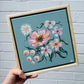 Soft peach and pink flowers on a sage green mini canvas with a pine floating frame. Original artwork Letchworth Hitchin affordable art. 