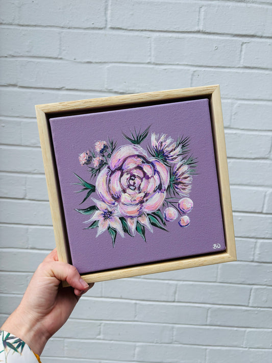 soft purple canvas with candyfloss pink florals in a pine floater frame.  Affordable mini art Hitchin Letchworth Hertfordshire