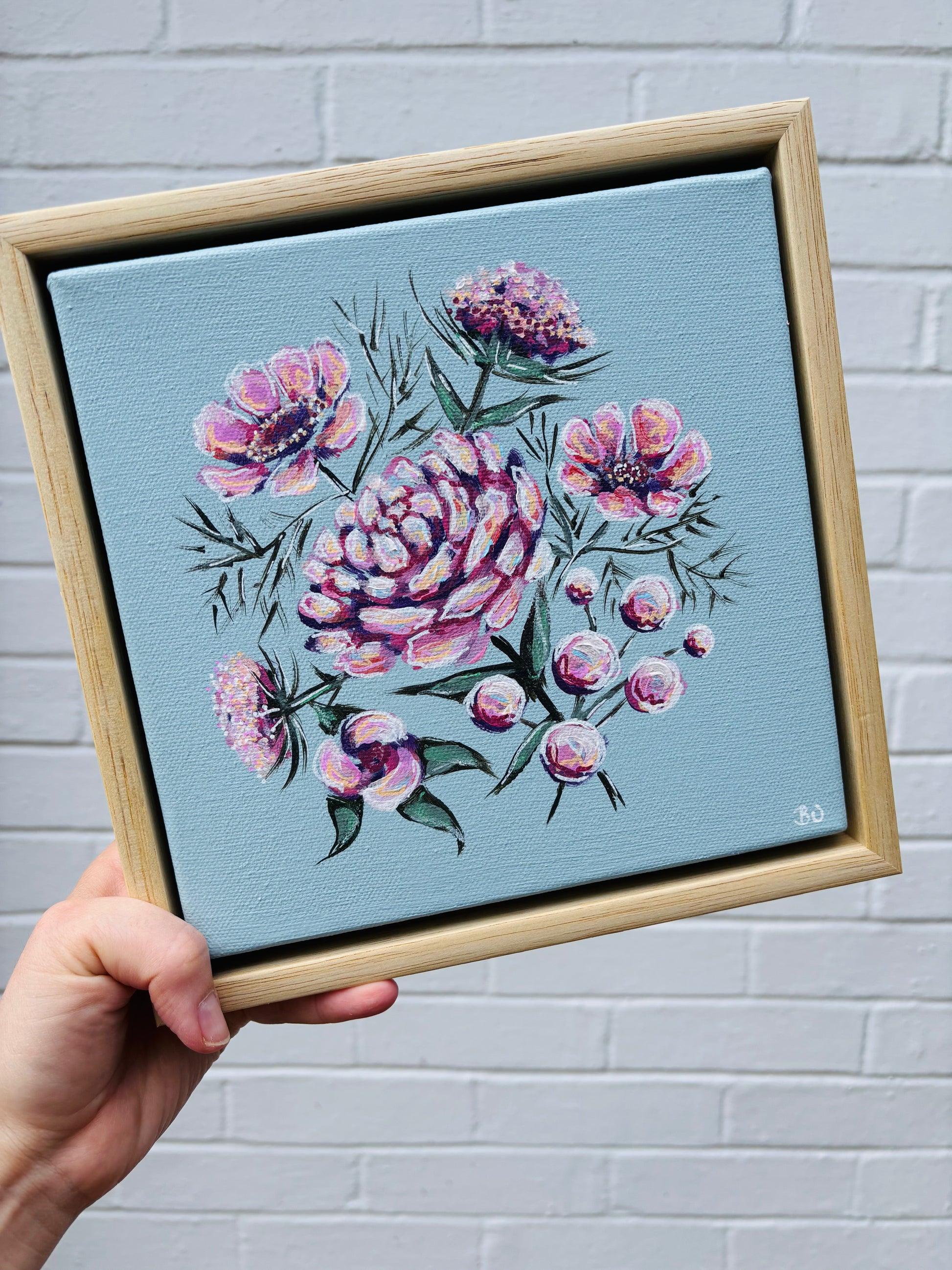 Soft light blue mini canvas with pink florals in contemporary style. Hitchin Letchworth Hertfordshire original affordable artwork. 
