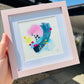 abstract mini with pink yellow and blue detailing in watercolour and acrylic. Affordable, original, unique art from local artists Becky Ullah in Letchworth, Hitchin, Hertfordshire area.