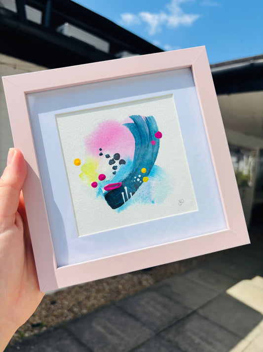 abstract mini with pink yellow and blue detailing in watercolour and acrylic. Affordable, original, unique art from local artists Becky Ullah in Letchworth, Hitchin, Hertfordshire area.