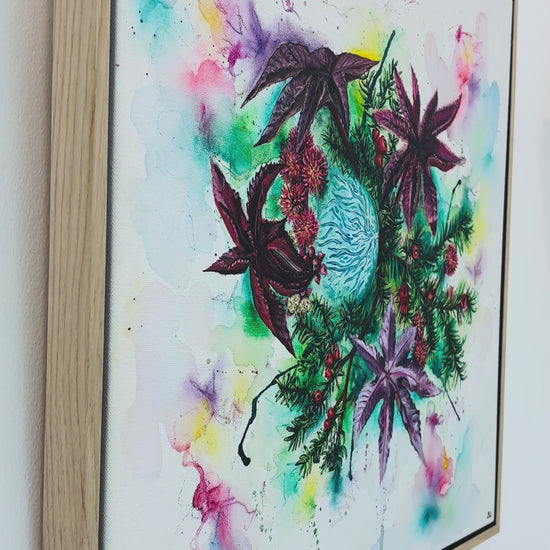 video of mixed media artwork of breast with yew and castor oil plants growing out